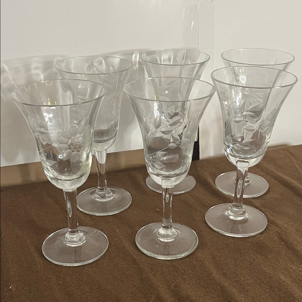 😄Vintage cornflower sherry glasses wine cocktail etched glass (6)